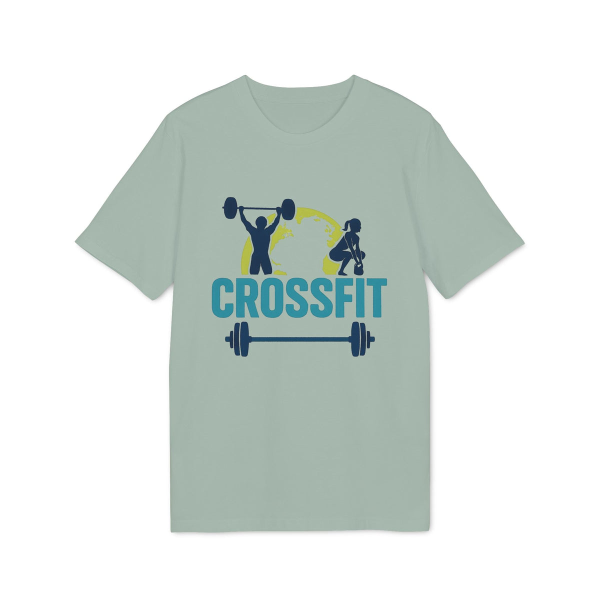 Alt Tag: Crossfit Sustainable Unisex Tee in verde salvia con gráfico CROSSFIT, levantador de pesas, atleta y barra