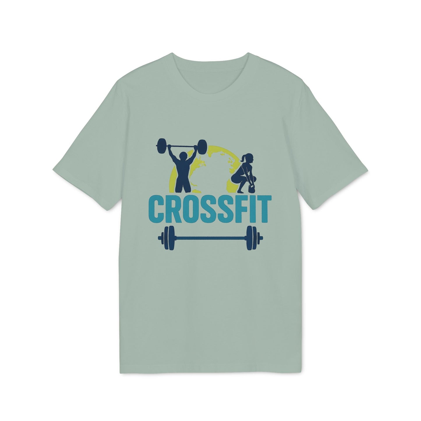 Alt Tag: Crossfit Sustainable Unisex Tee in verde salvia con gráfico CROSSFIT, levantador de pesas, atleta y barra