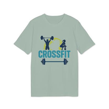 Alt Tag: Crossfit Sustainable Unisex Tee in verde salvia con gráfico CROSSFIT, levantador de pesas, atleta y barra