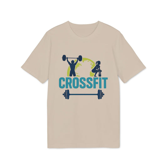 Alt Tag: Crossfit Sustainable Unisex Tee beige con gráfico CROSSFIT, levantador y atleta, y barra con pesas, camiseta unisex sostenible