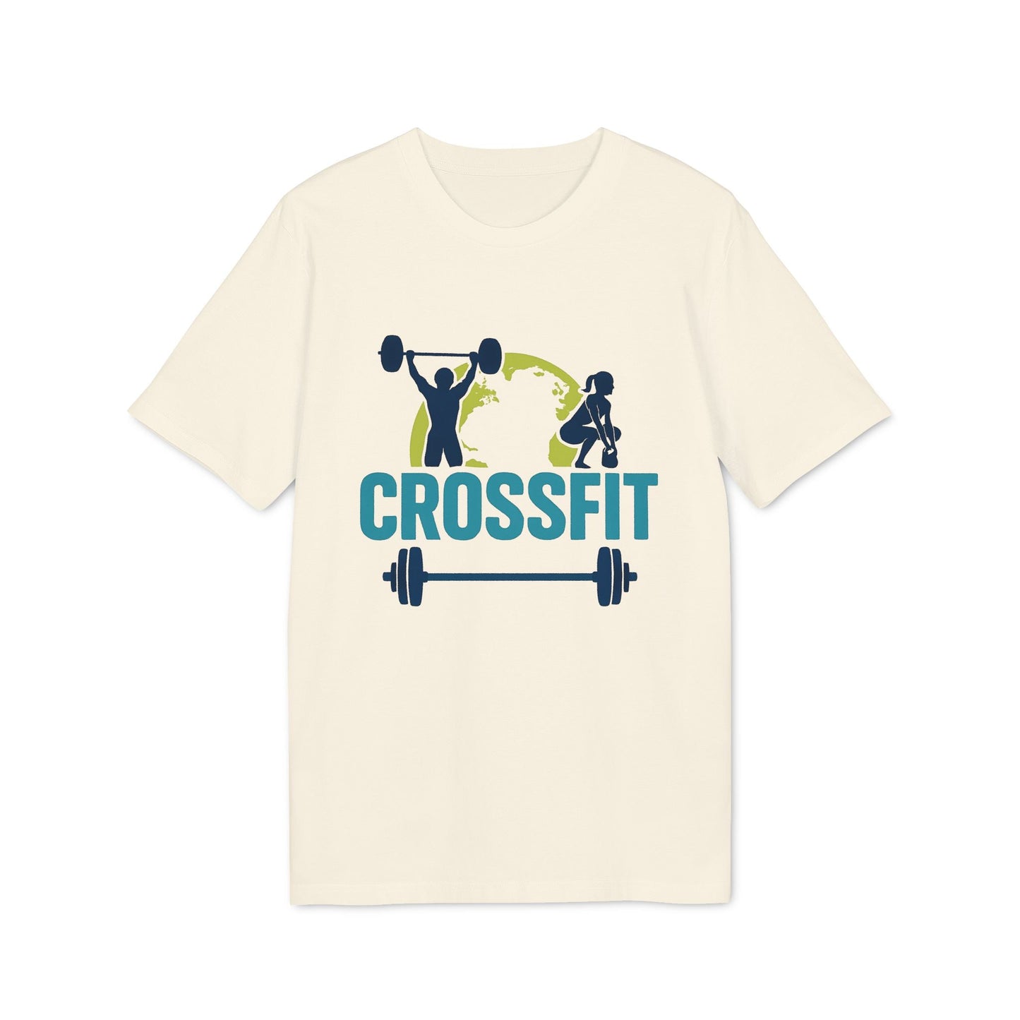Crossfit Sustainable Unisex Tee crema con gráfico CROSSFIT, halterofilia y mundo, camiseta unisex sostenible para entrenamiento