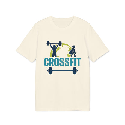 Crossfit Sustainable Unisex Tee crema con gráfico CROSSFIT, halterofilia y mundo, camiseta unisex sostenible para entrenamiento