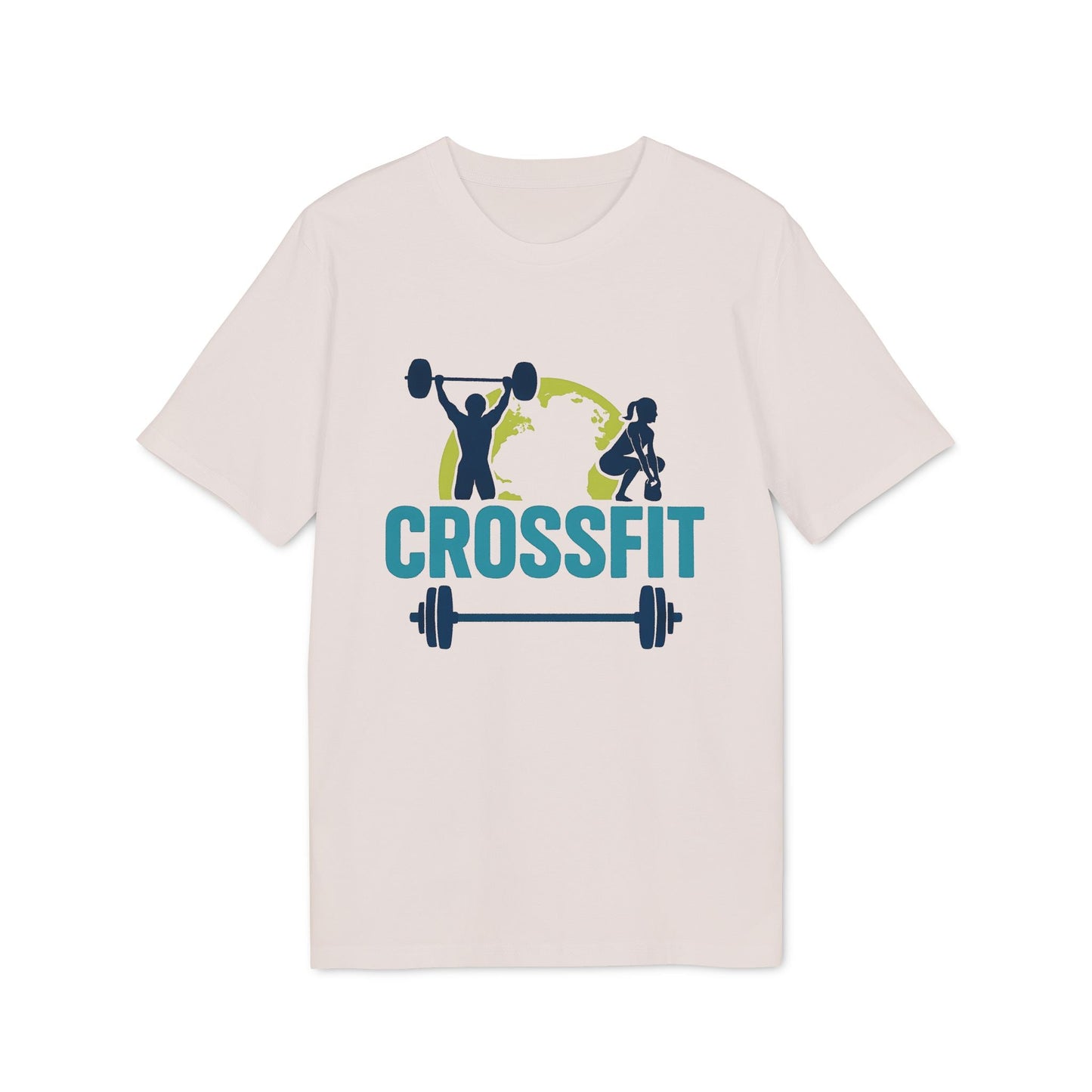 Alt Tag: Crossfit Sustainable Unisex Tee camiseta unisex color crema con gráfico Crossfit, barra y siluetas de levantamiento