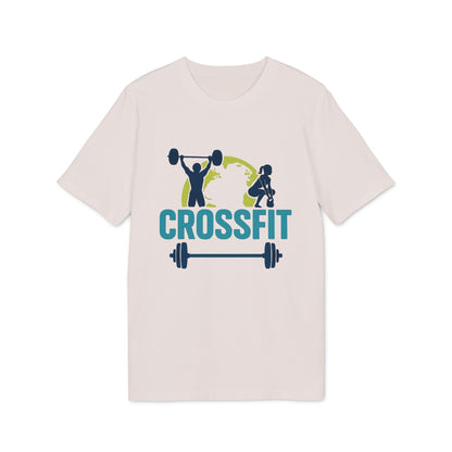 Alt Tag: Crossfit Sustainable Unisex Tee camiseta unisex color crema con gráfico Crossfit, barra y siluetas de levantamiento