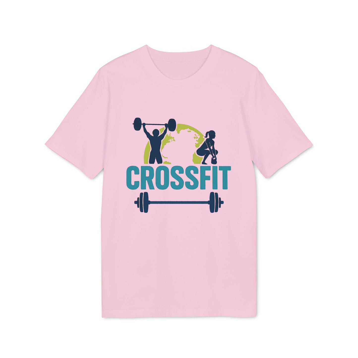 Alt Tag: Crossfit Sustainable Unisex Tee camiseta rosa con diseño Crossfit, pesas y figura levantando barra, estilo unisex sostenible