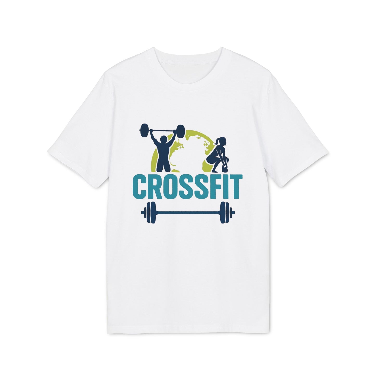 Alt Tag: Crossfit Sustainable Unisex Tee blanca con gráfico CROSSFIT, siluetas levantando pesas y barra sobre fondo de globo