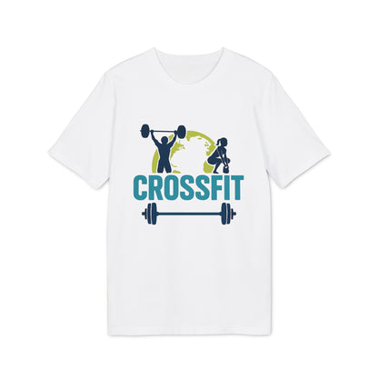 Alt Tag: Crossfit Sustainable Unisex Tee blanca con gráfico CROSSFIT, siluetas levantando pesas y barra sobre fondo de globo