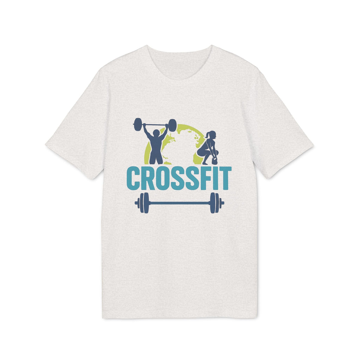 Alt Tag: Crossfit Sustainable Unisex Tee white graphic T-shirt with Crossfit text, weightlifter and barbell design