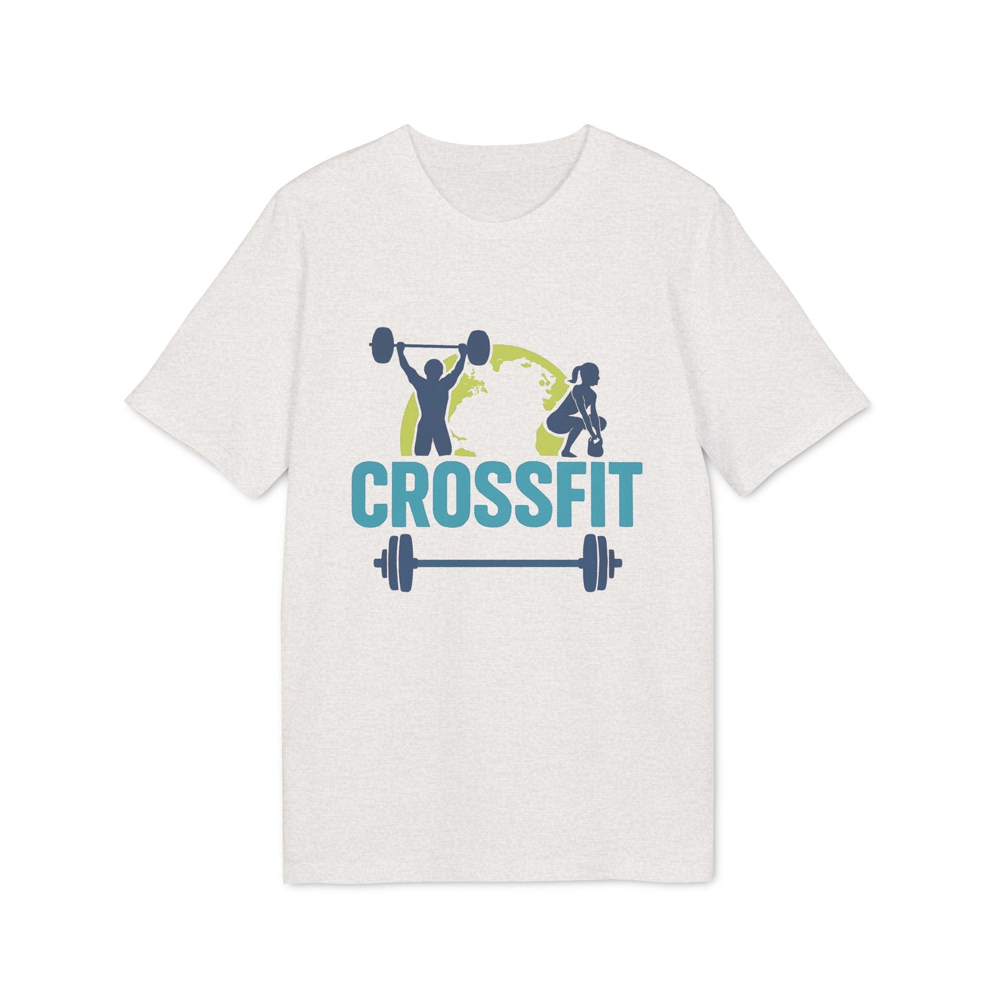 Alt Tag: Crossfit Sustainable Unisex Tee white graphic T-shirt with Crossfit text, weightlifter and barbell design