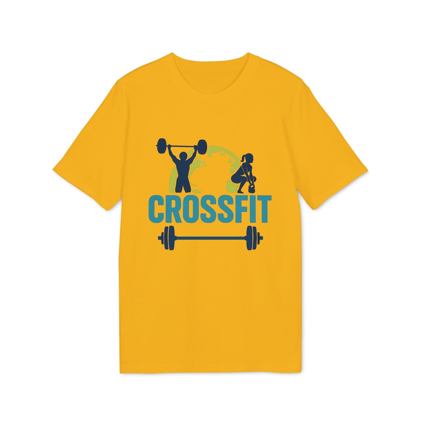 Crossfit Sustainable Unisex Tee camiseta unisex sostenible amarilla con gráfico Crossfit, siluetas levantamiento de pesas y barra
