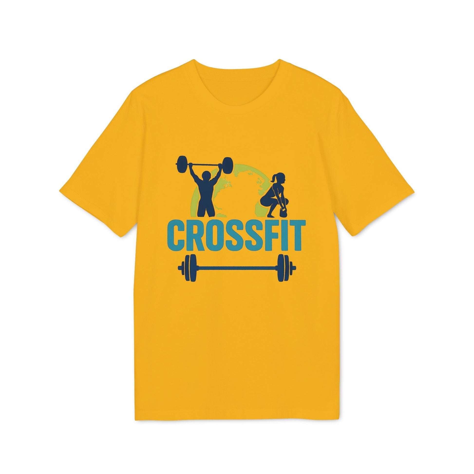 Crossfit Sustainable Unisex Tee camiseta unisex sostenible amarilla con gráfico Crossfit, siluetas levantamiento de pesas y barra