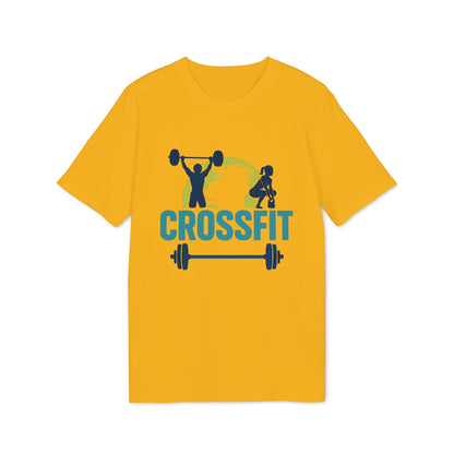 Crossfit Sustainable Unisex Tee camiseta unisex sostenible amarilla con gráfico Crossfit, siluetas levantamiento de pesas y barra