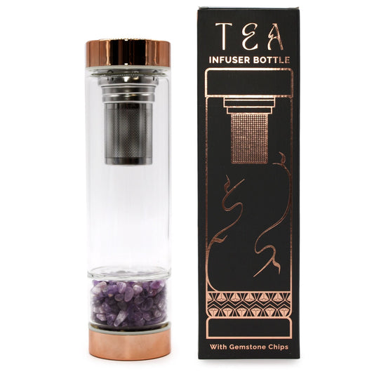 Alt Tag: Crystal Glass Tea Infuser Bottle – Rose Gold with Amethyst, borosilicate glass bottle with stainless infuser and amethyst chips