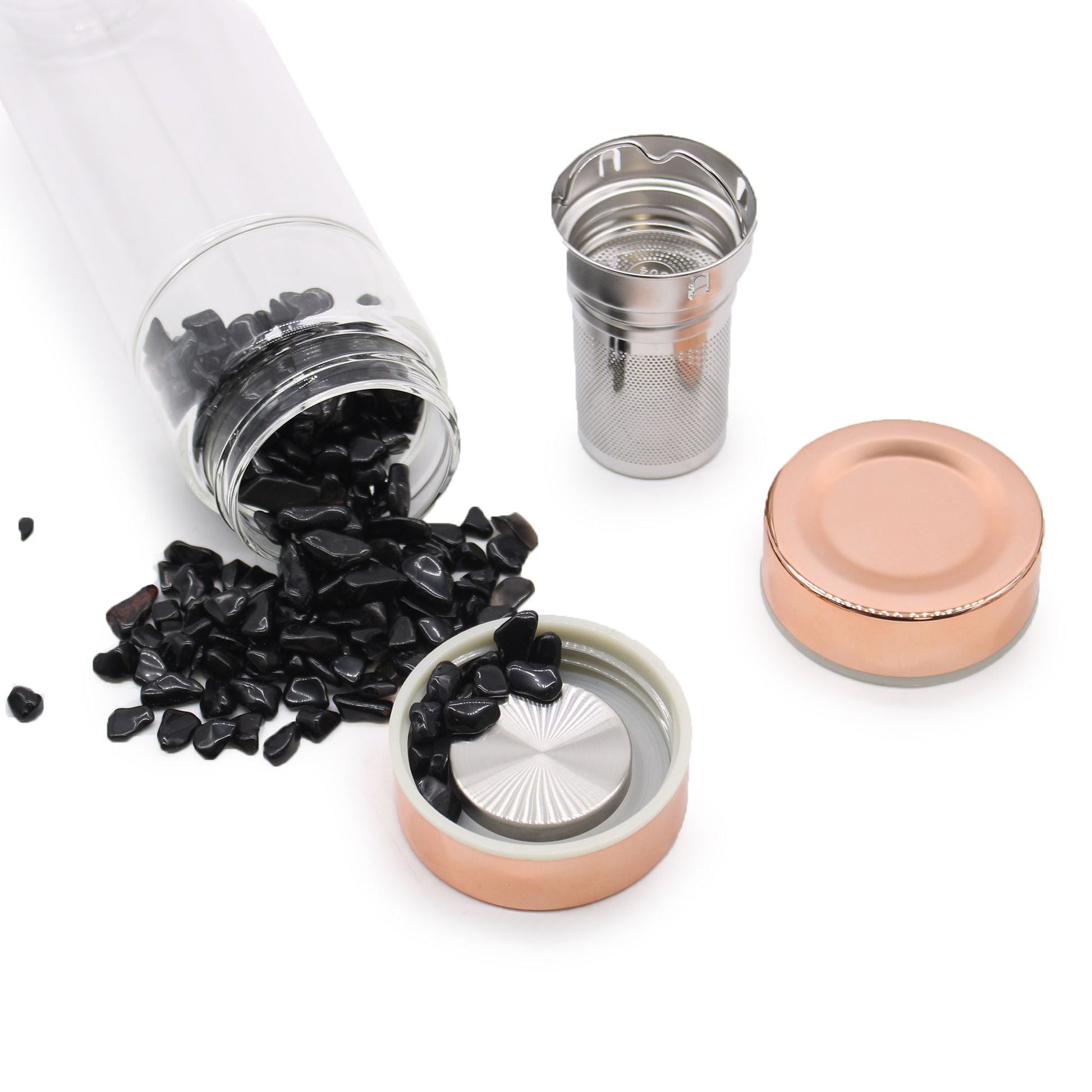 Alt Tag: Botella con infusor de té de vidrio de cristal – Rose Gold con amatista, con infusor de té de acero inoxidable extraíble, tapa Rose Gold y base de piedra preciosa