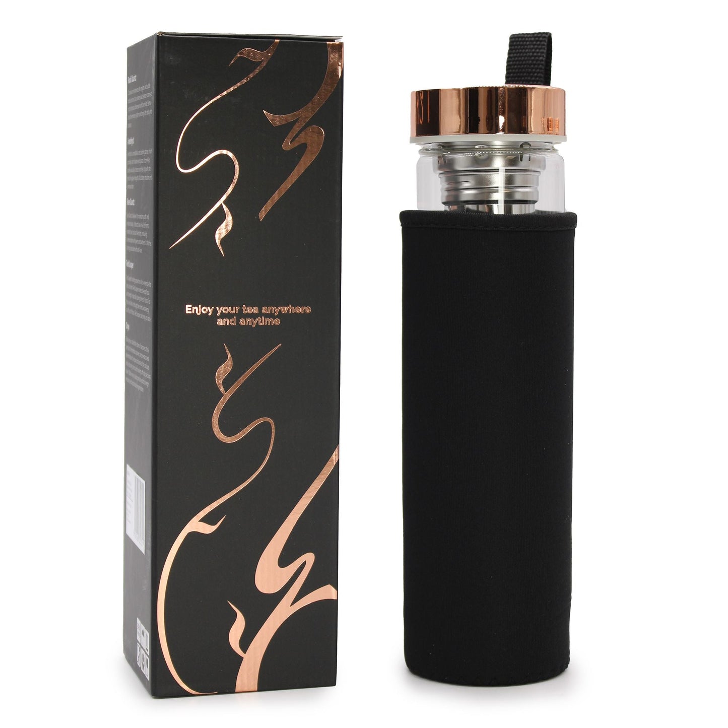 Alt Tag: Crystal Glass Tea Infuser Bottle – Rose Gold with Onyx, borosilicate glass bottle with rose gold lid, tea infuser and black sleeve