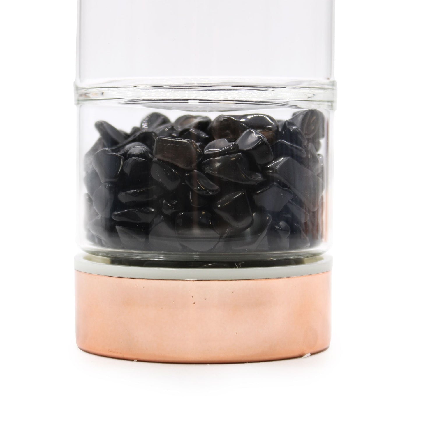 Crystal Glass Tea Infuser Bottle – Rose Gold with Onyx base detail showing genuine black onyx crystals in borosilicate glass