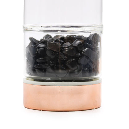 Crystal Glass Tea Infuser Bottle – Rose Gold with Onyx base detail showing genuine black onyx crystals in borosilicate glass