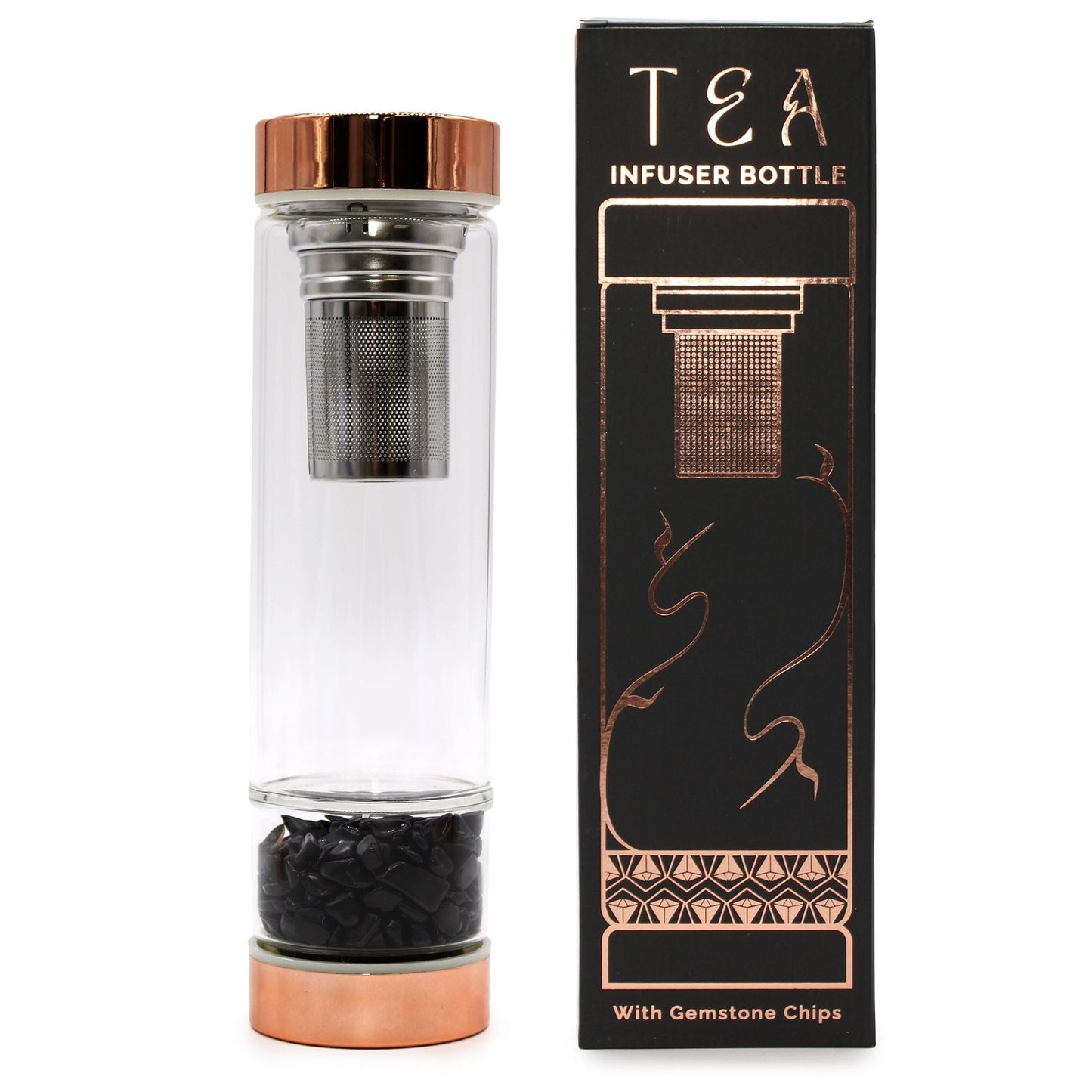 Crystal Glass Tea Infuser Bottle – Rose Gold with Onyx, borosilicate glass bottle with stainless infuser and onyx gemstone chips