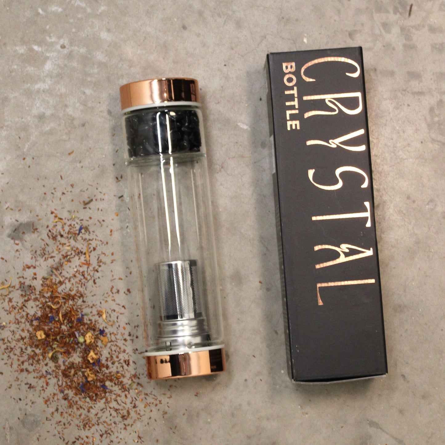 Alt Tag: Crystal Glass Tea Infuser Bottle – Rose Gold with Red Jasper with borosilicate glass infuser, rose gold lid, and product box