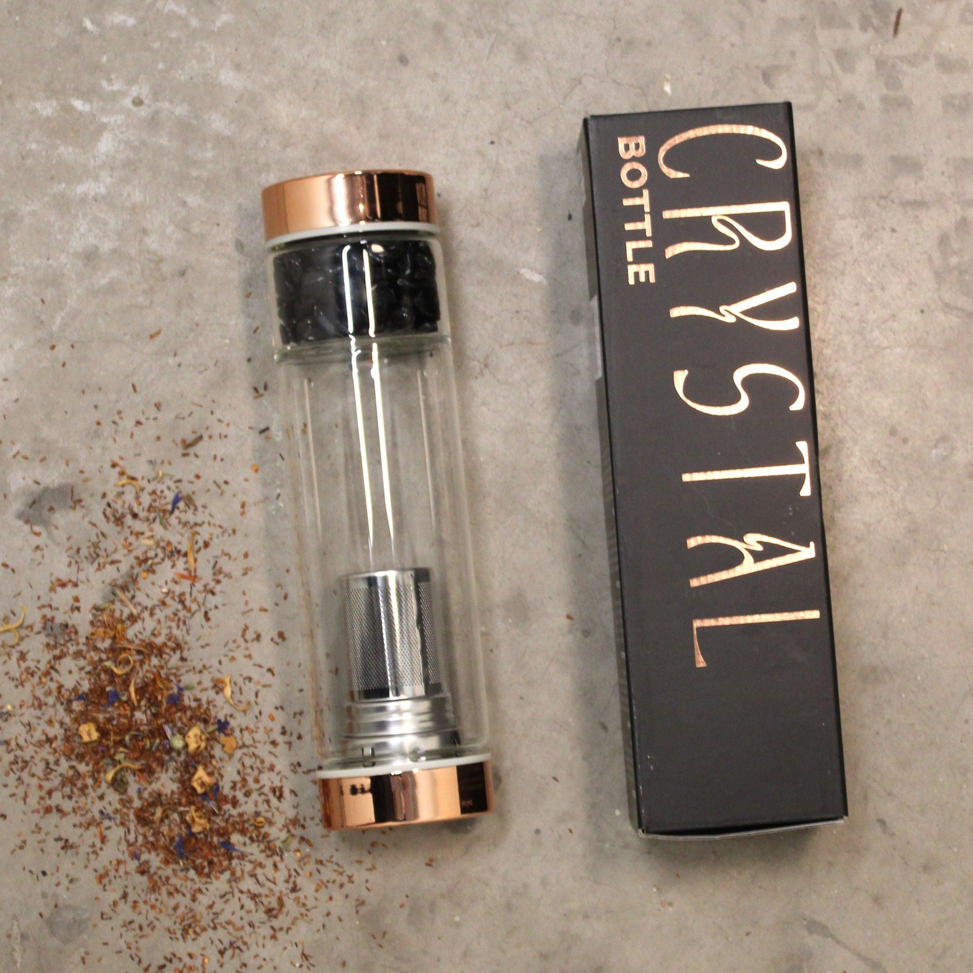 Alt Tag: Crystal Glass Tea Infuser Bottle – Rose Gold with Red Jasper with borosilicate glass infuser, rose gold lid, and product box