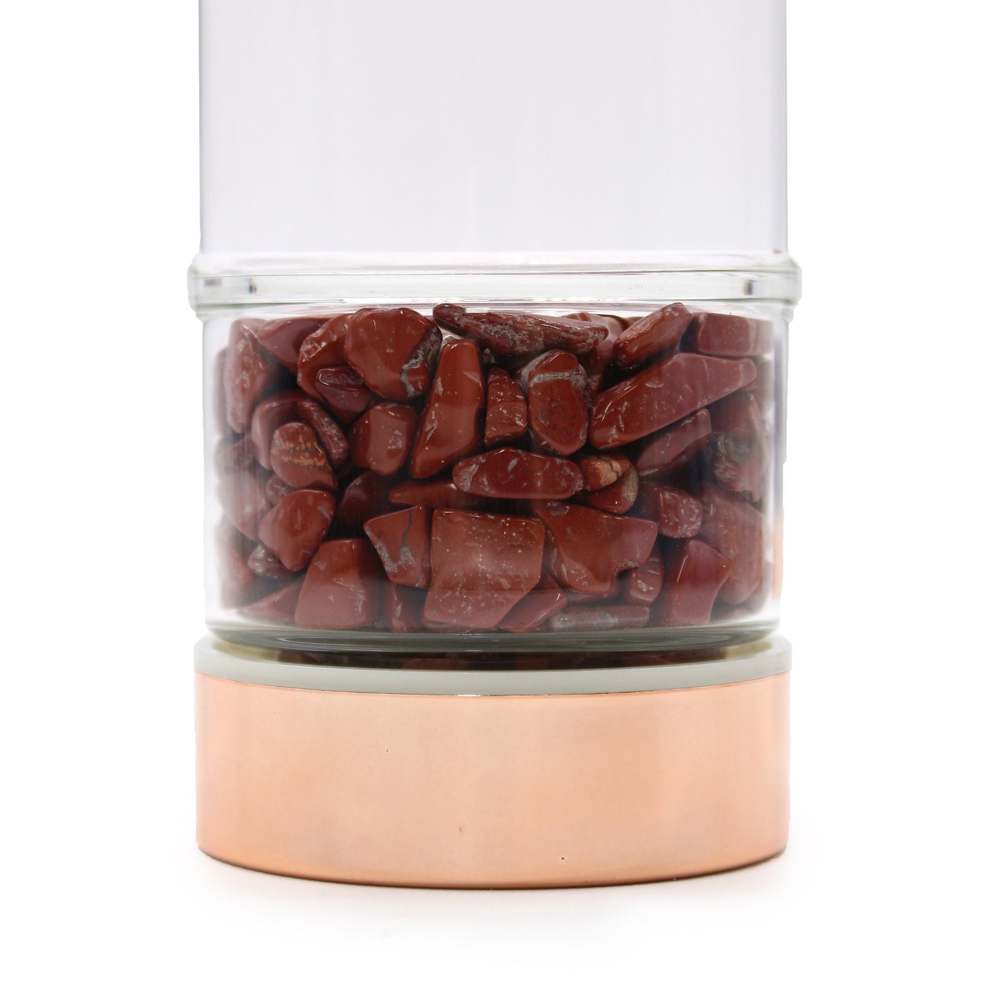 Crystal Glass Tea Infuser Bottle – Rose Gold with Red Jasper, detalle de base con piedras de jaspe rojo y acabado en oro rosa