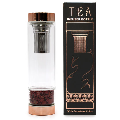 Crystal Glass Tea Infuser Bottle – Rose Gold with Red Jasper, borosilicate glass tea bottle with metal infuser and red jasper chips base