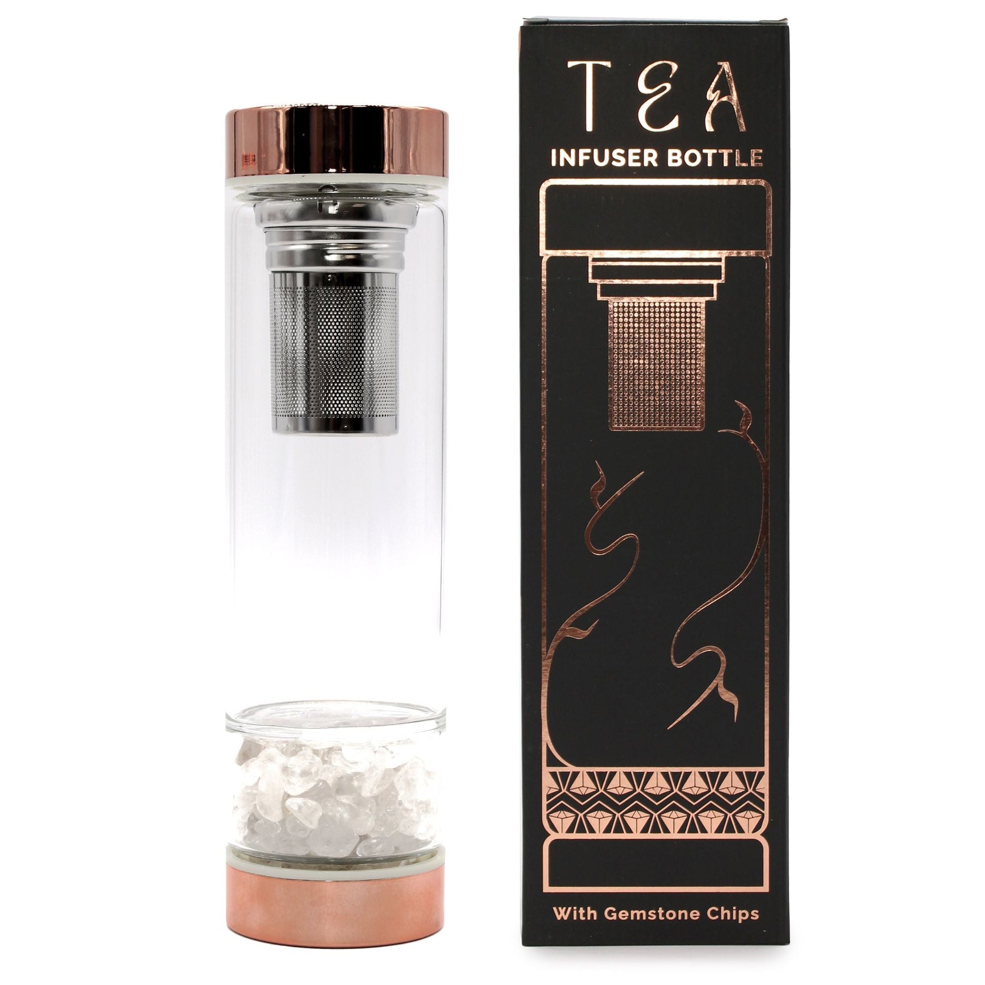 Botella de vidrio con infusor para té Crystal Glass – Rose Gold con cuarzo roca, botella de vidrio de borosilicato con infusor de acero inoxidable y base con chips de piedras preciosas