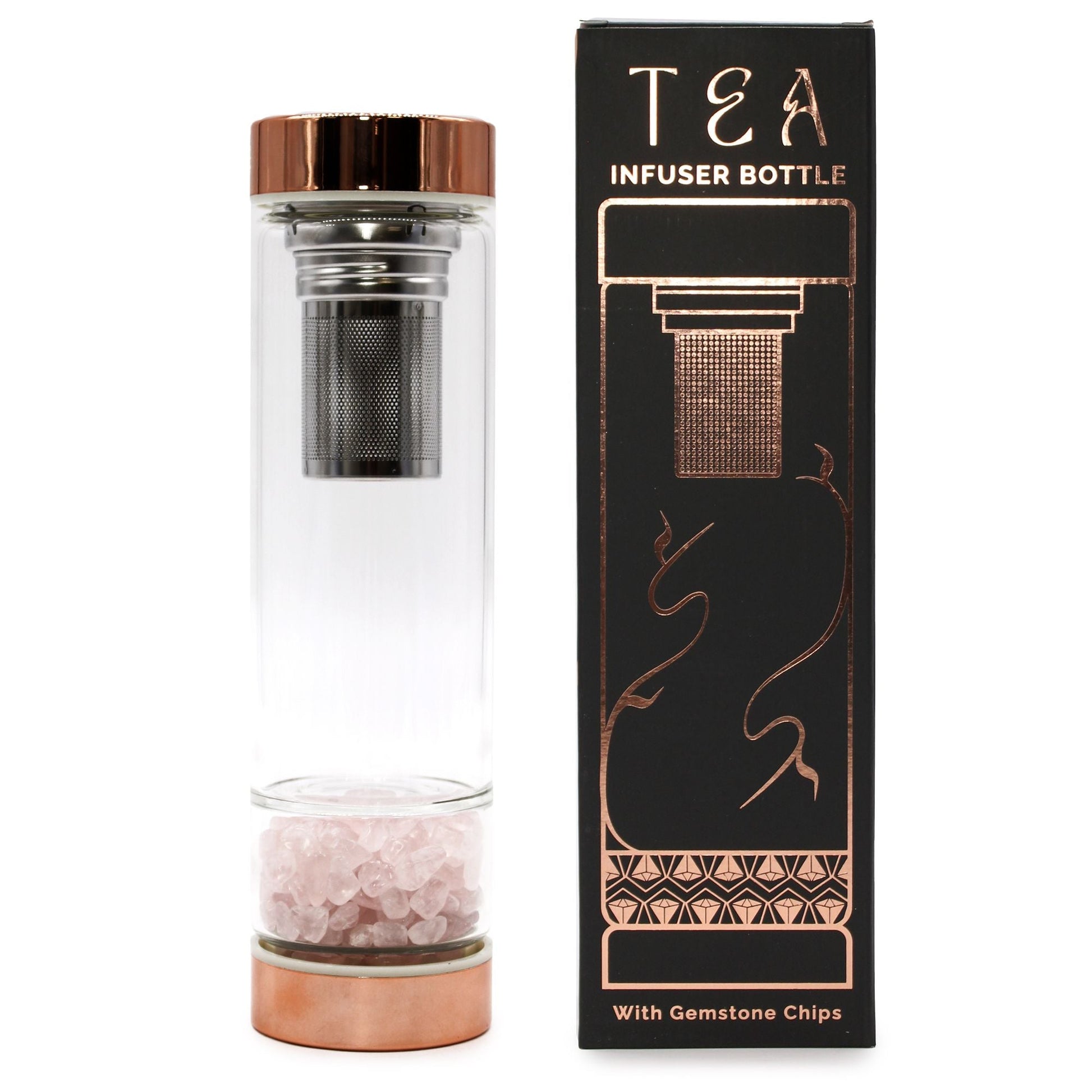 Botella de vidrio con infusor para té Crystal Glass – Oro rosa con cuarzo rosa, con infusor de acero inoxidable, botella de vidrio y compartimento con chips de cuarzo rosa