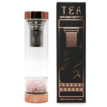 Botella de vidrio con infusor para té Crystal Glass – Oro rosa con cuarzo rosa, con infusor de acero inoxidable, botella de vidrio y compartimento con chips de cuarzo rosa