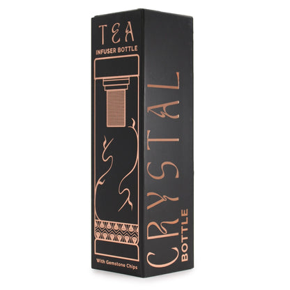 Caja de embalaje retail de la botella infusora de té de vidrio Crystal Glass – Rose Gold con Rose Quartz, ilustración de la botella infusora de té y texto “Crystal”