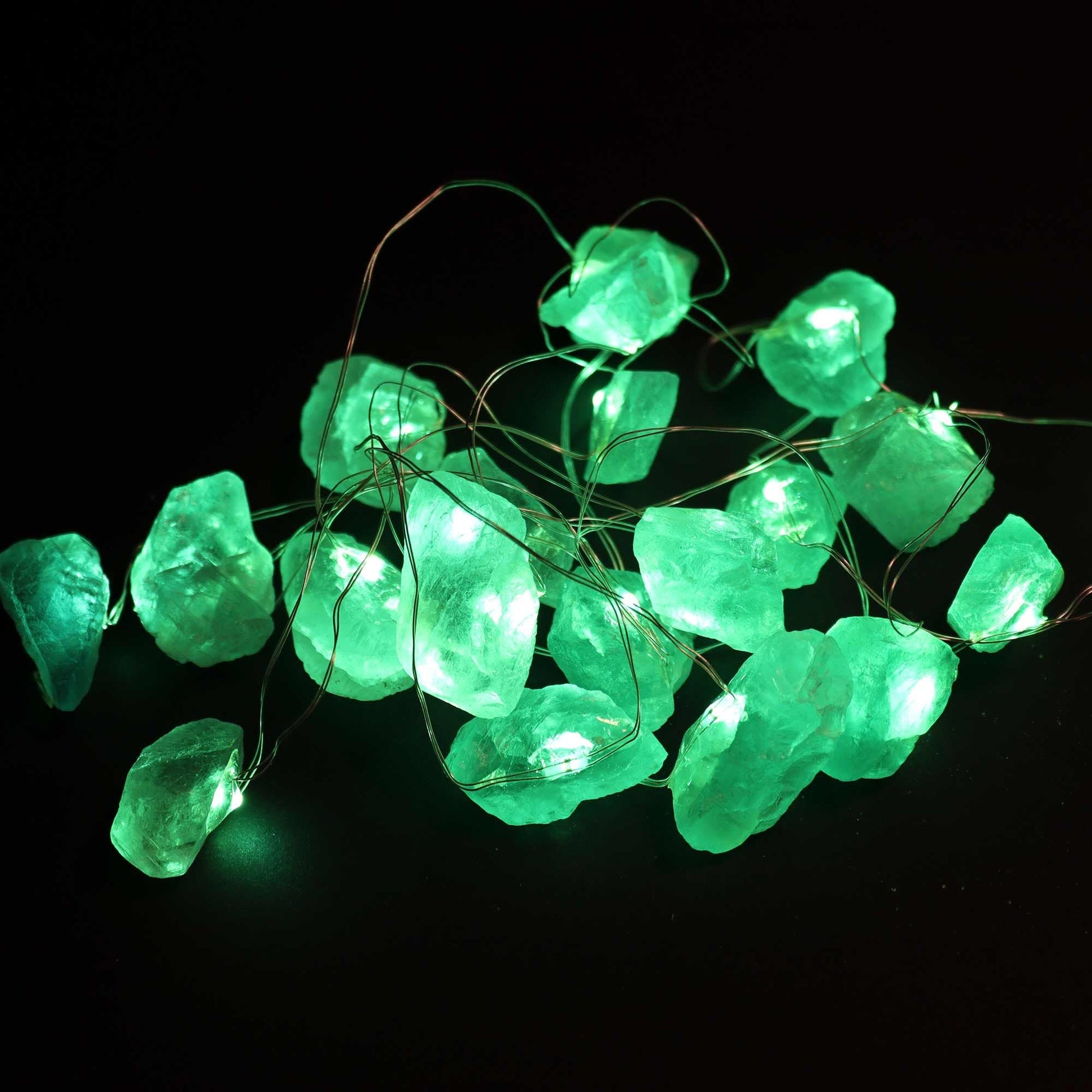 Alt Tag: Crystal Jade Gemstone Enchantment Lights – Decorative String with glowing green gemstone stones on wire, decorative LED string lights