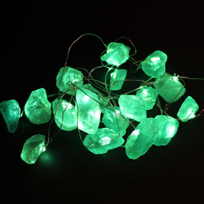 Alt Tag: Crystal Jade Gemstone Enchantment Lights – Decorative String with glowing green gemstone stones on wire, decorative LED string lights