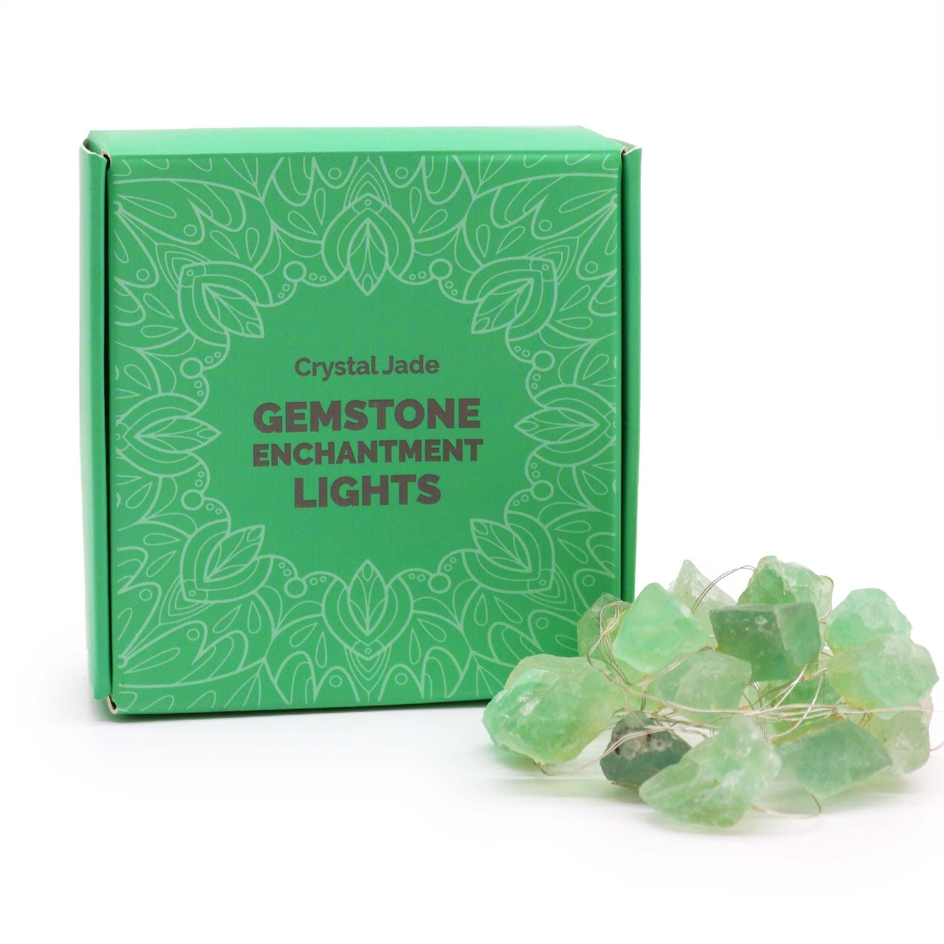 Crystal Jade Gemstone Enchantment Lights – Decorative String product box with green jade stones and decorative string lights