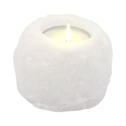 Alt-tagg: Crystal Rock Himalayan Salt Candle Holder – 600–800 gram, handskuren ljushållare för värmeljus i vit saltkristall från Himalaya