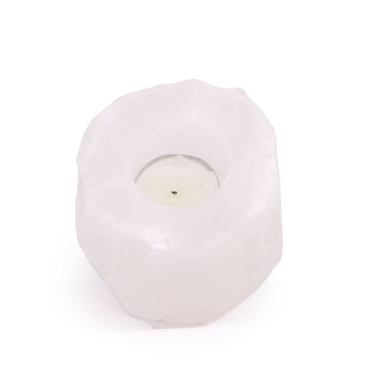 Alt Tag: Crystal Rock Himalayan Salt Candle Holder – 600–800 Gram, hand-carved natural salt crystal tealight holder in white/pale pink hue