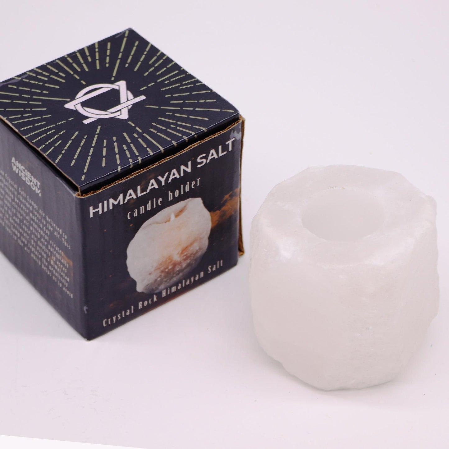 Alt Tag: Kristallsten ljushållare i Himalayasalt – 600–800 gram med butikskartong, handskuren Himalayasalt-hållare för värmeljus
