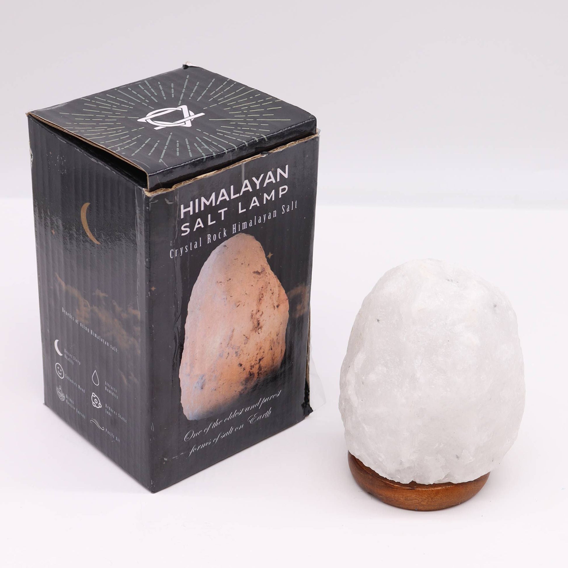 Crystal Rock Himalayan Salt Lamp – Approx. 1.5–2 KG with retail box, natural white Himalayan salt crystal lamp on wooden base