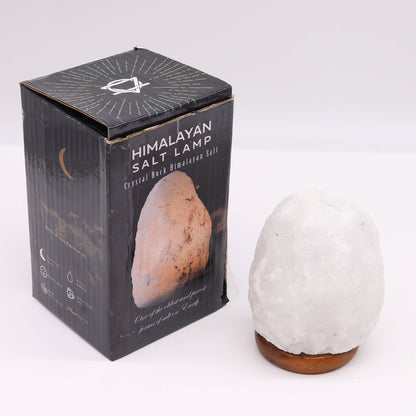 Crystal Rock Himalayan Salt Lamp – Approx. 1.5–2 KG with retail box, natural white Himalayan salt crystal lamp on wooden base