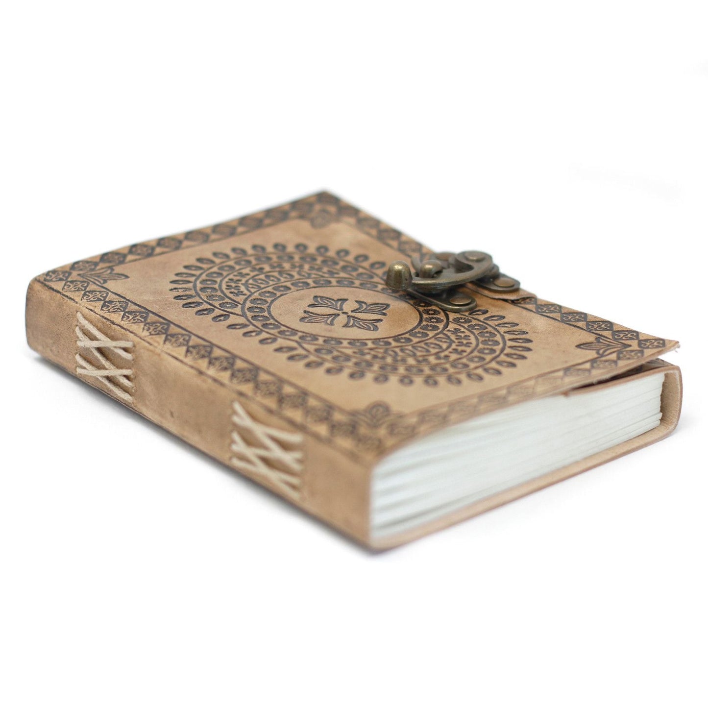 Alt Tag: Leather Mandala Notebook – 18x13 CM genuine leather journal with embossed mandala cover, metal clasp, and portable size