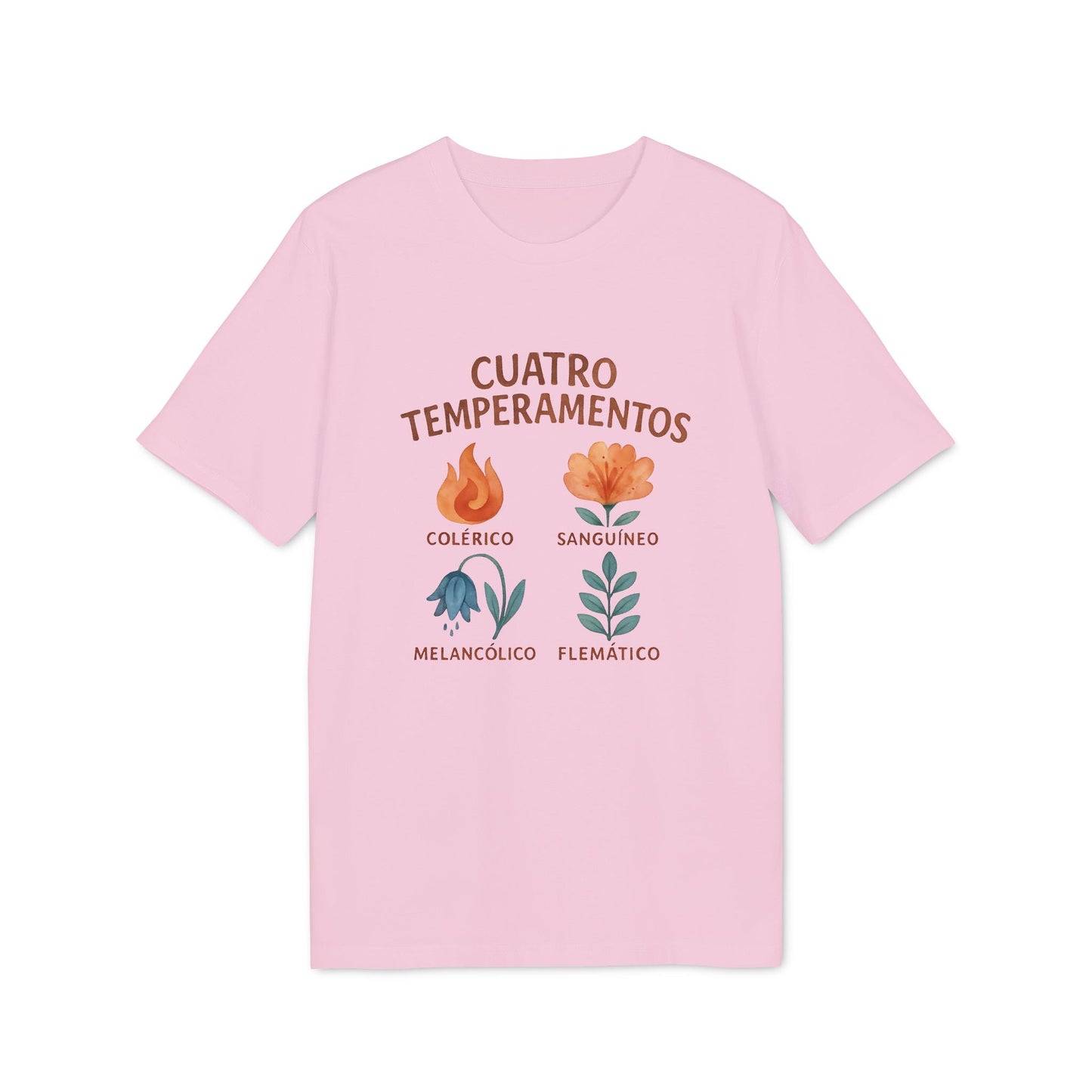 Alt Tag: Cuatro Temperamentos Waldorf 100% Organic Cotton T-Shirt rosa con ilustraciones florales y texto Colérico, Sanguíneo, Melancólico, Flemático