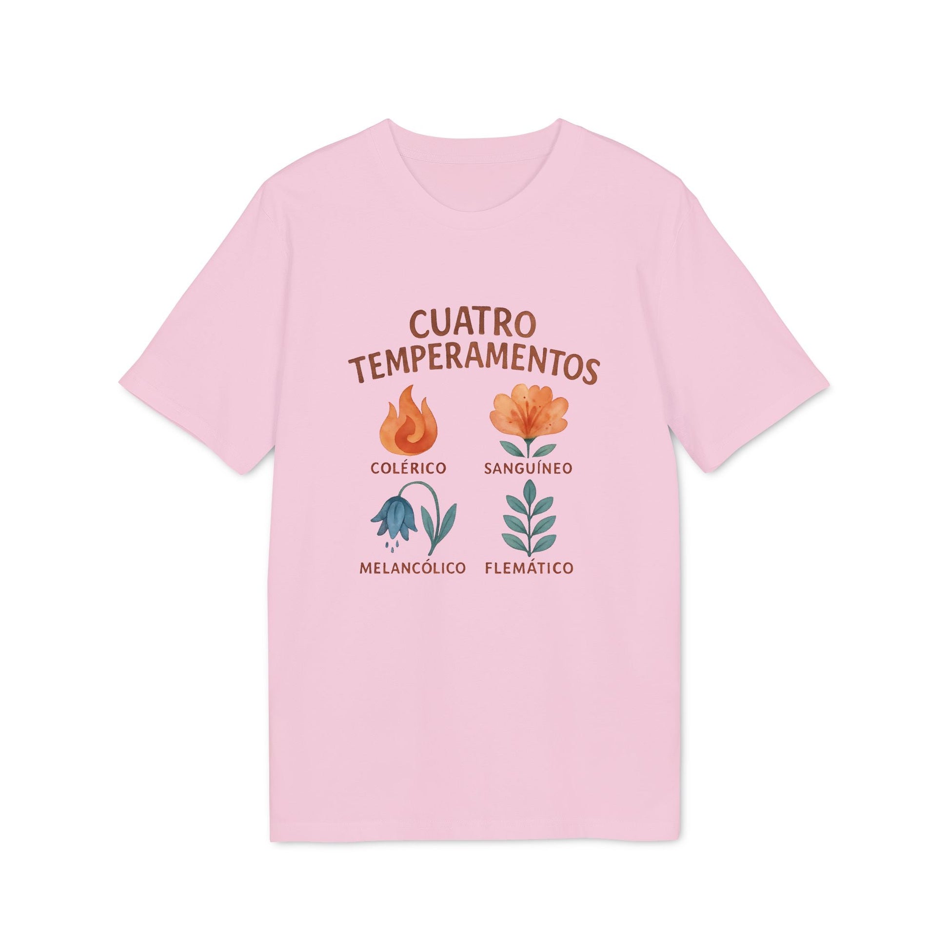 Alt Tag: Cuatro Temperamentos Waldorf 100% Organic Cotton T-Shirt rosa con ilustraciones florales y texto Colérico, Sanguíneo, Melancólico, Flemático