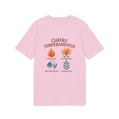 Alt Tag: Cuatro Temperamentos Waldorf 100% Organic Cotton T-Shirt rosa con ilustraciones florales y texto Colérico, Sanguíneo, Melancólico, Flemático