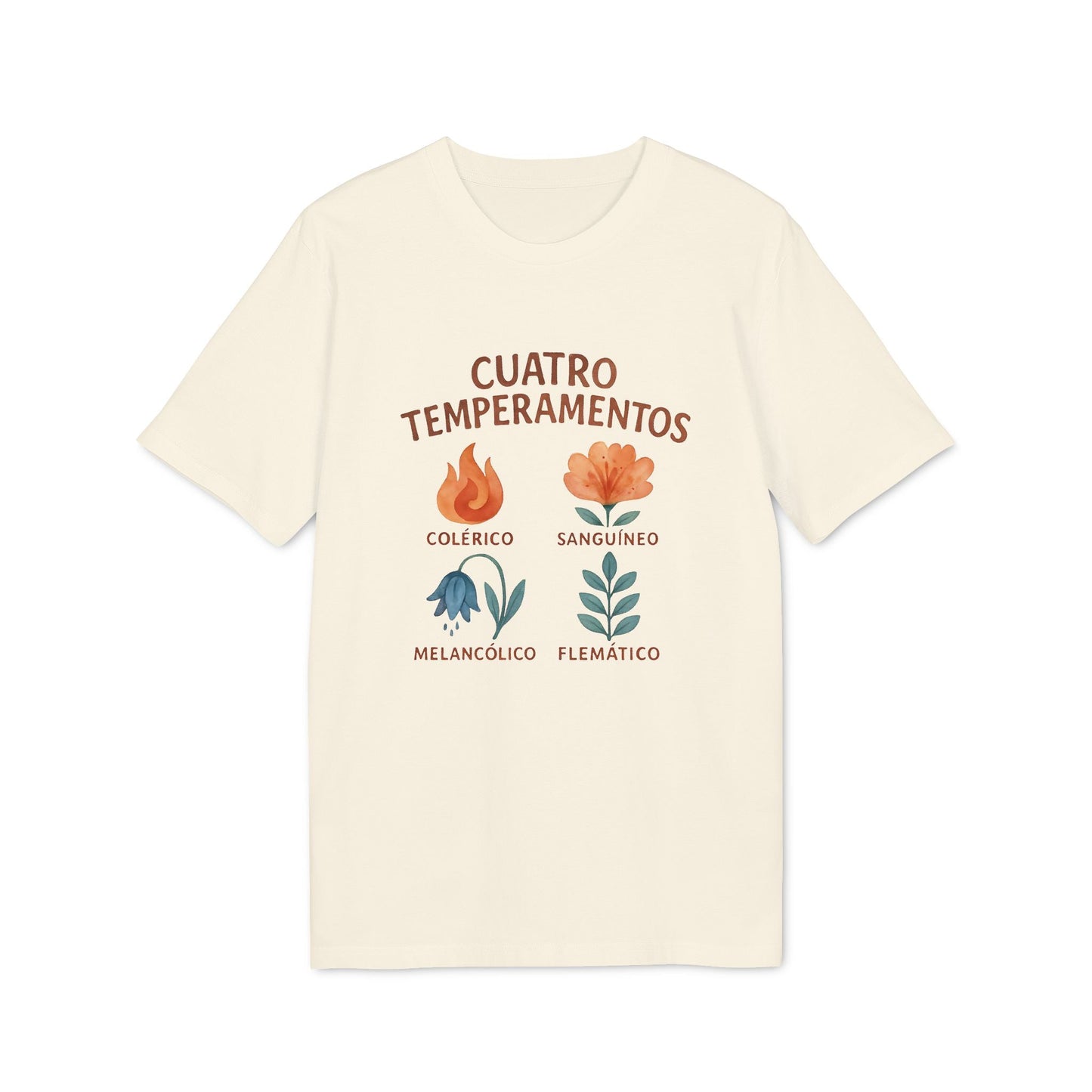 Cuatro Temperamentos Waldorf 100% Organic Cotton T-Shirt crema con diseño floral de temperamentos: colérico, sanguíneo, melancólico y flemático