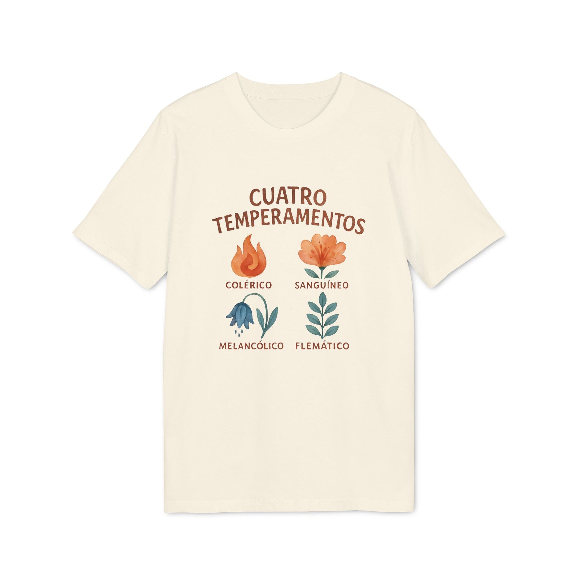 Cuatro Temperamentos Waldorf 100% Organic Cotton T-Shirt crema con diseño floral de temperamentos: colérico, sanguíneo, melancólico y flemático