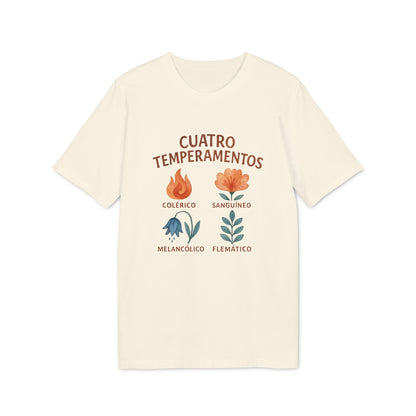 Cuatro Temperamentos Waldorf 100% Organic Cotton T-Shirt crema con diseño floral de temperamentos: colérico, sanguíneo, melancólico y flemático