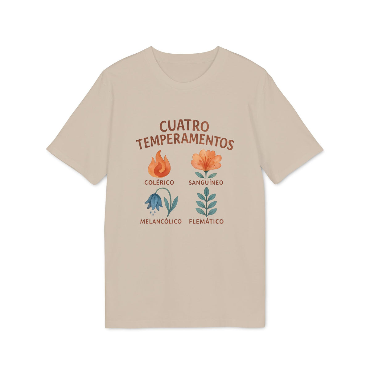 Cuatro Temperamentos Waldorf 100% Organic Cotton T-Shirt beige con ilustración de cuatro temperamentos: colérico, sanguíneo, melancólico y flemático