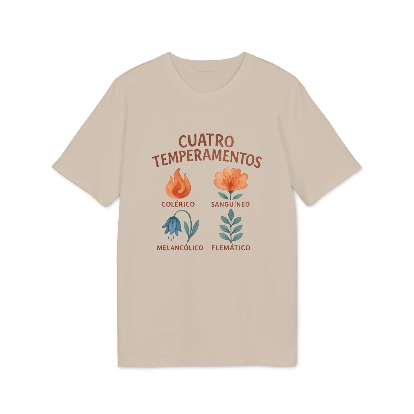 Cuatro Temperamentos Waldorf 100% Organic Cotton T-Shirt beige con ilustración de cuatro temperamentos: colérico, sanguíneo, melancólico y flemático