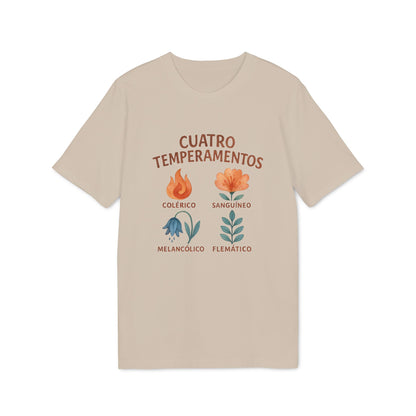 Cuatro Temperamentos Waldorf 100% Organic Cotton T-Shirt beige con ilustración de cuatro temperamentos: colérico, sanguíneo, melancólico y flemático