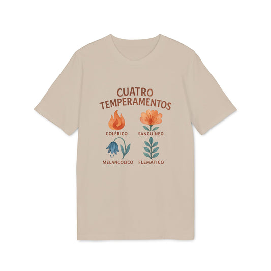 Cuatro Temperamentos Waldorf 100% Organic Cotton T-Shirt beige con ilustración de cuatro temperamentos: colérico, sanguíneo, melancólico y flemático