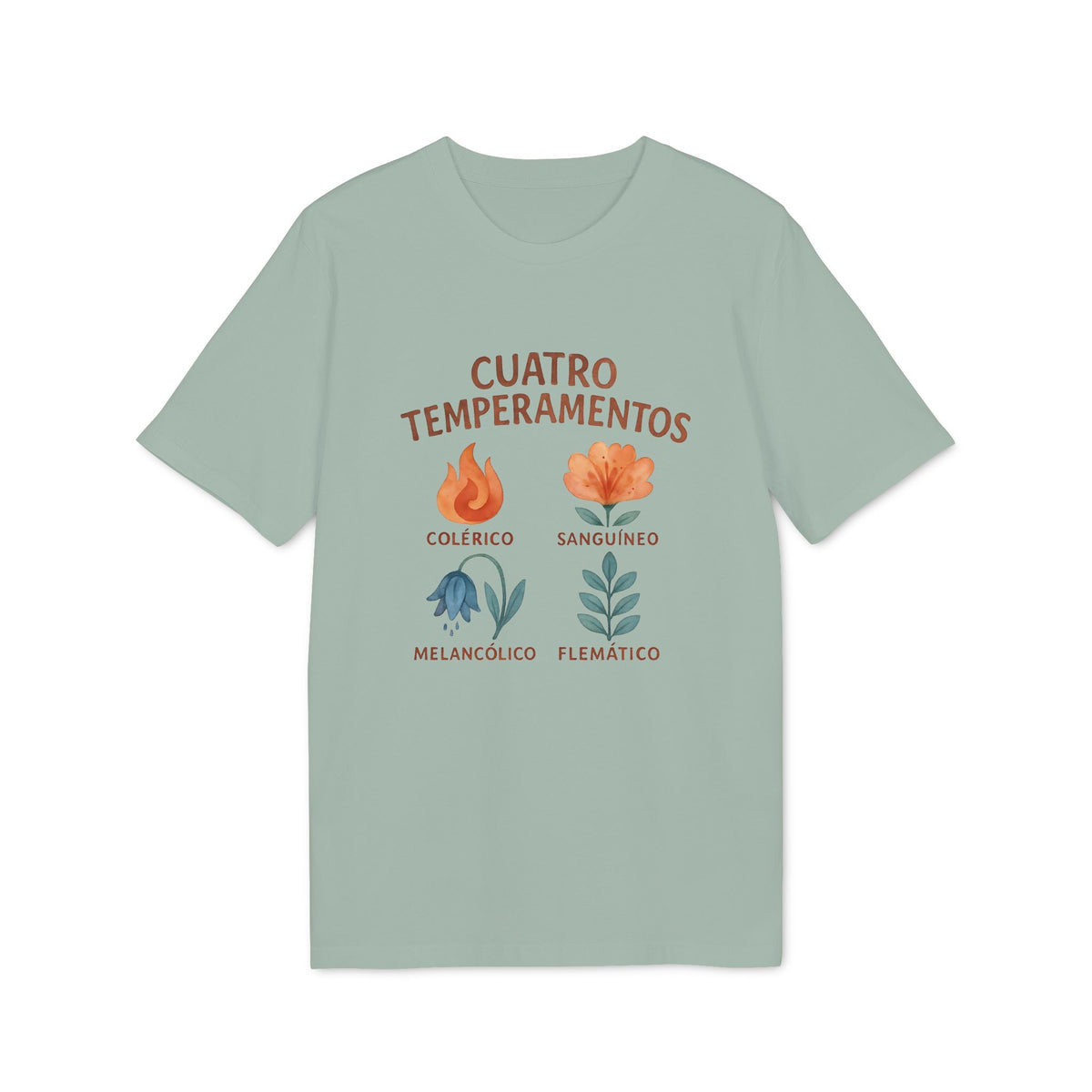 Cuatro Temperamentos Waldorf 100% Organic Cotton T-Shirt en verde salvia con diseño “Cuatro Temperamentos” y flores de temperamentos